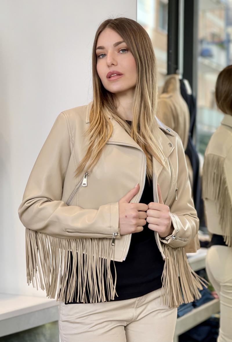 Faux leather biker jacket with fringes Beige<br />(<strong>Copperose</strong>)